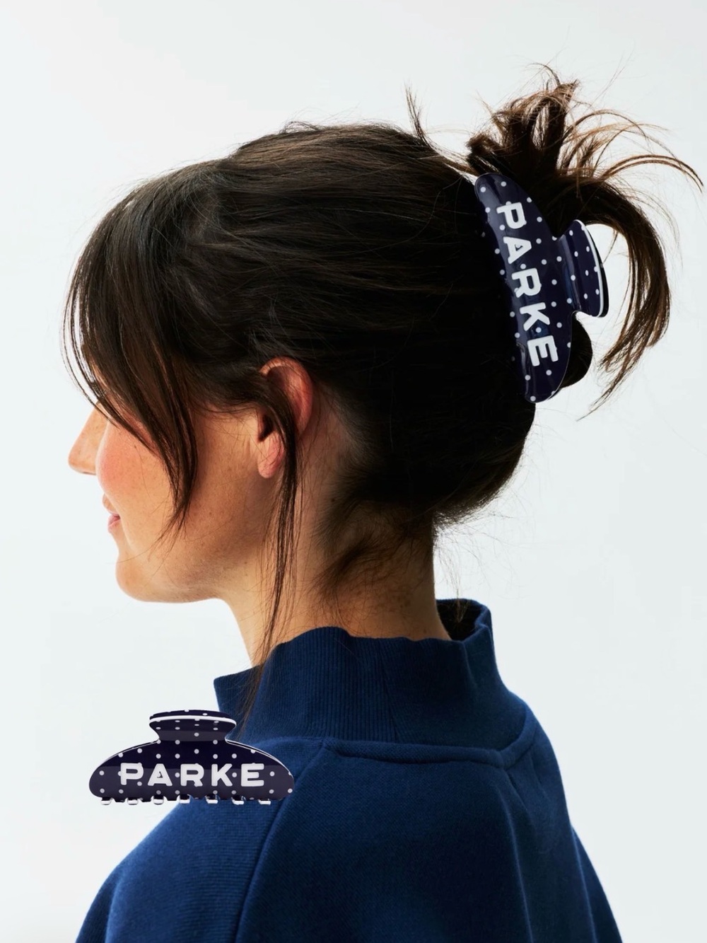 PARKE claw clip polka dot denim